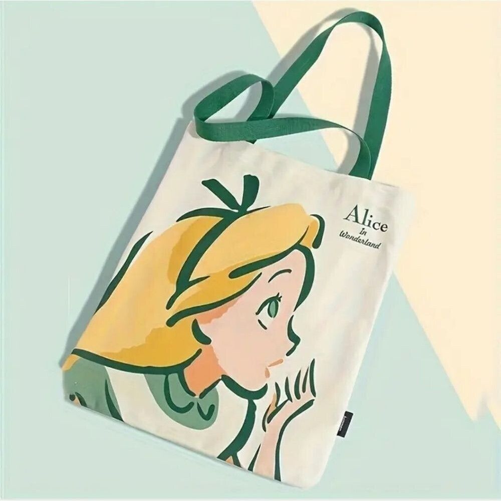 Alice in Wonderland tote bag green handle shopping book carrier